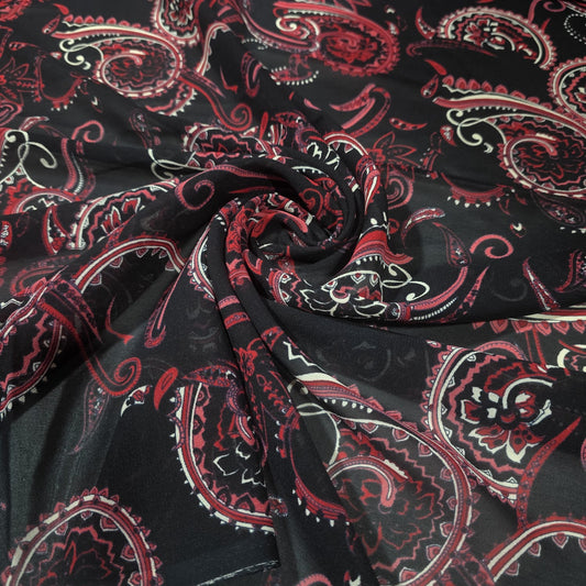 Black & Red Paisley Chiffon Fabric – 44" Wide | Sold by the Metre