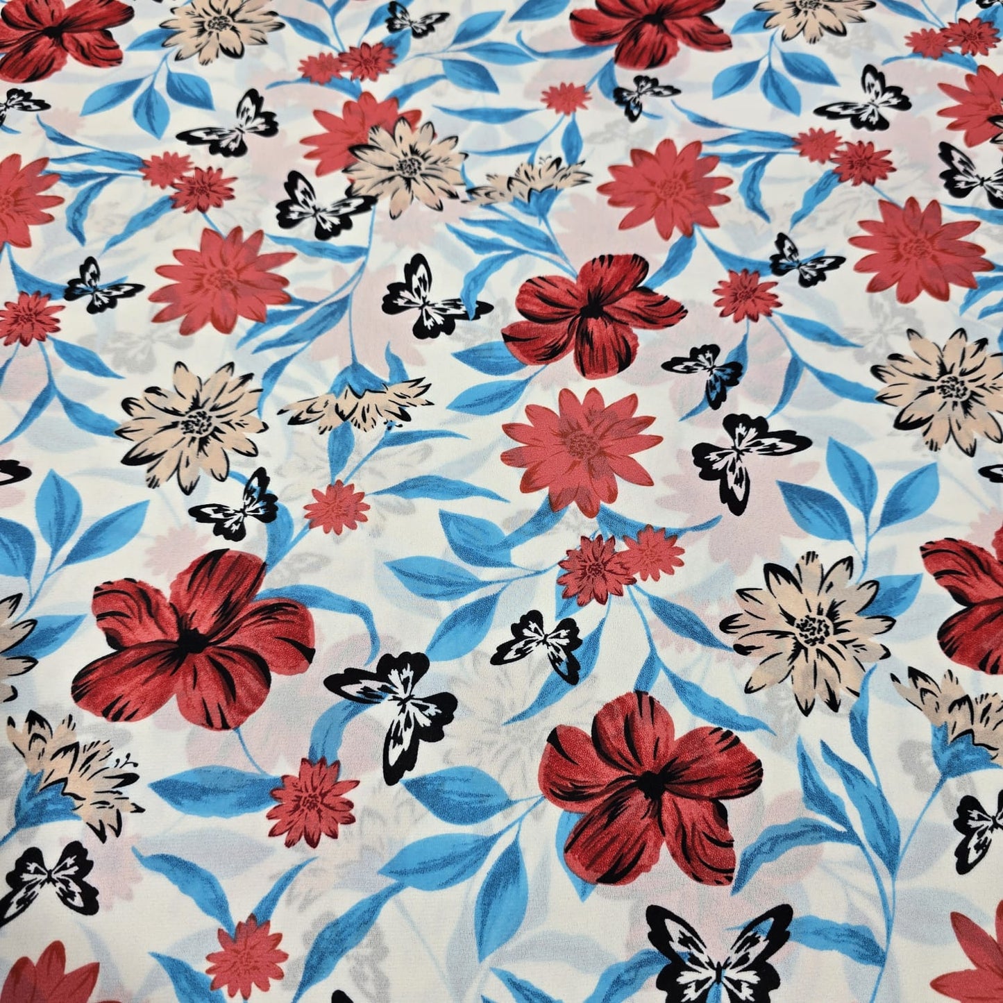 White Floral Butterfly Print Poly Crepe Dress Drape Craft Fabric 58" By Meter