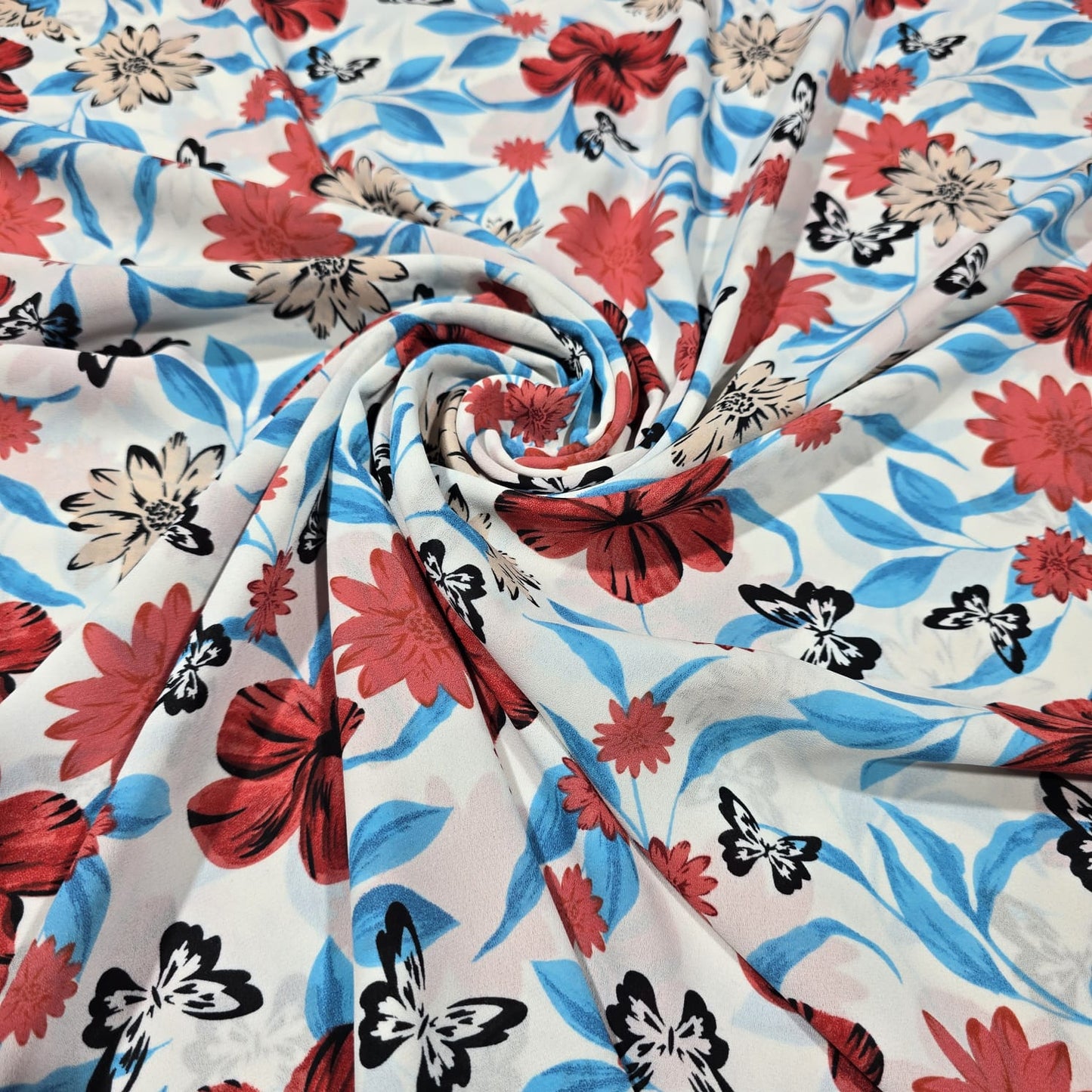 White Floral Butterfly Print Poly Crepe Dress Drape Craft Fabric 58" By Meter