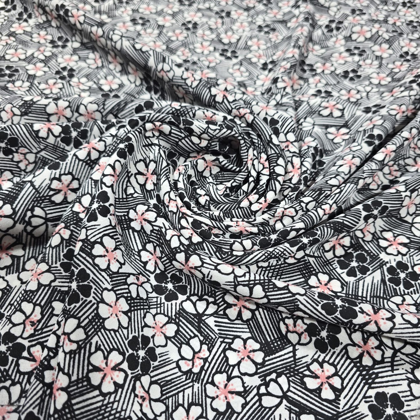 Black & White Mini Floral Print Crepe Fabric – 58" Wide | By the Meter