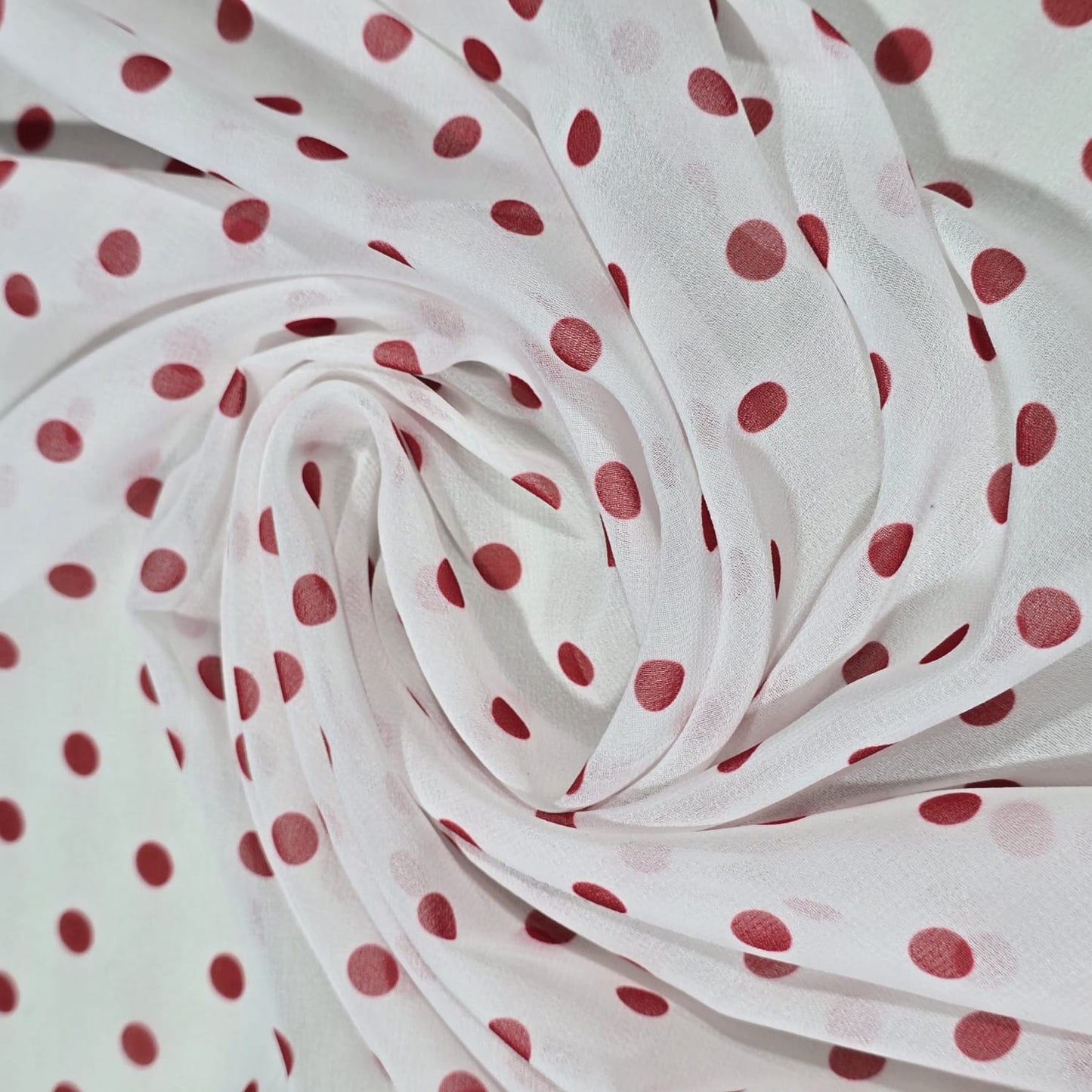 White & Brick Red Polka Dot Chiffon Fabric Dress Costume Drape Material – 58" Wide | By the Meter