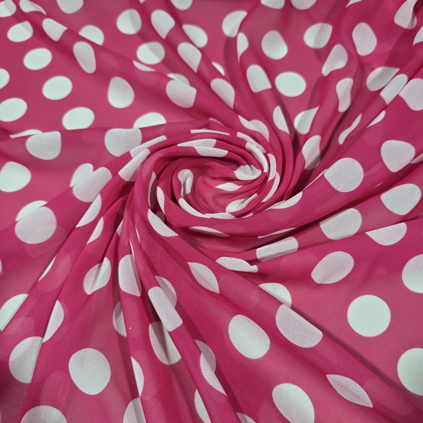 Hot Pink & White Polka Dot Chiffon Fabric – 58" Wide | Lightweight Printed Dress Material | By the Mete