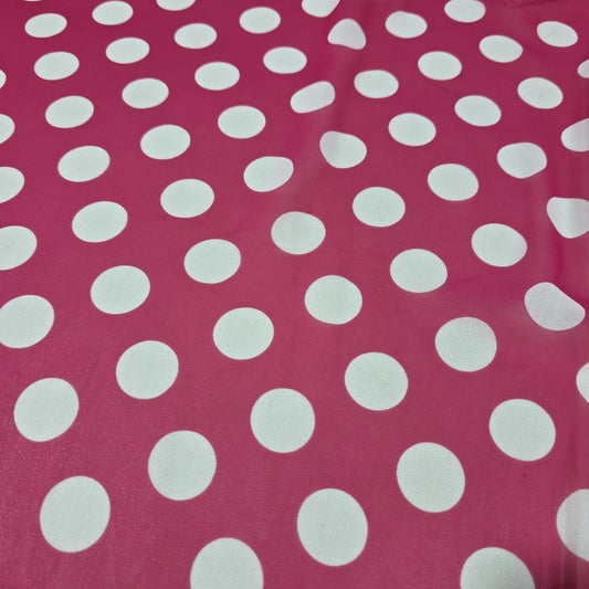 Hot Pink & White Polka Dot Chiffon Fabric – 58" Wide | Lightweight Printed Dress Material | By the Mete