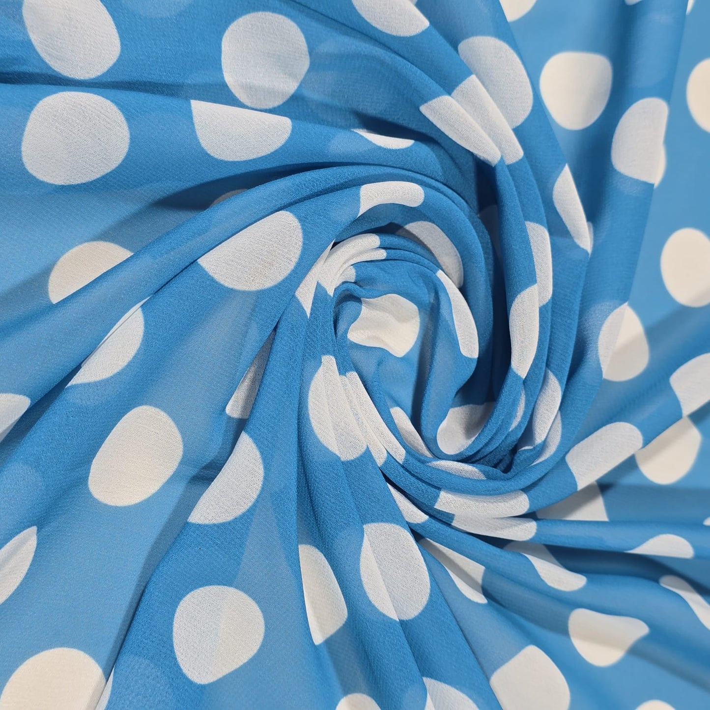 Sky Blue & White Polka Dot Chiffon Fabric – 58" Wide | Lightweight Printed Dress Material | Soft Sheer Fabric | By the Meter