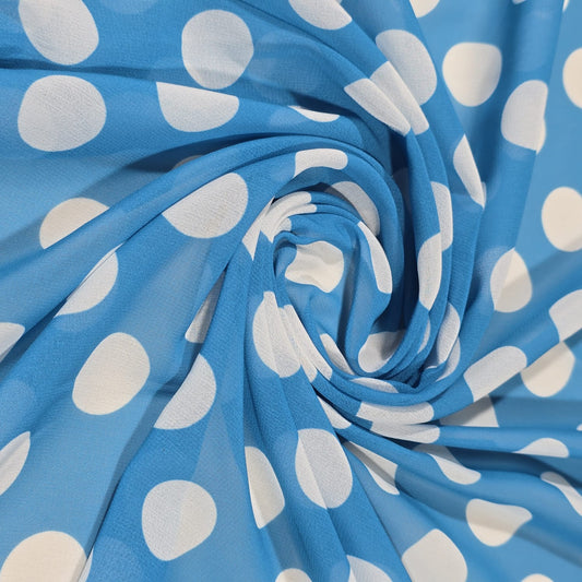 Sky Blue & White Polka Dot Chiffon Fabric – 58" Wide | Lightweight Printed Dress Material | Soft Sheer Fabric | By the Meter