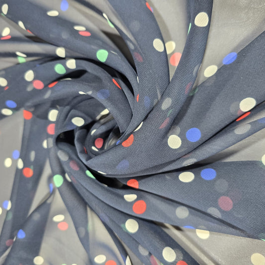 Navy Blue Multi-Color Polka Dot Chiffon Fabric – 58" Wide | Lightweight Printed Dress Material | Soft Sheer Fabric | By the Meter