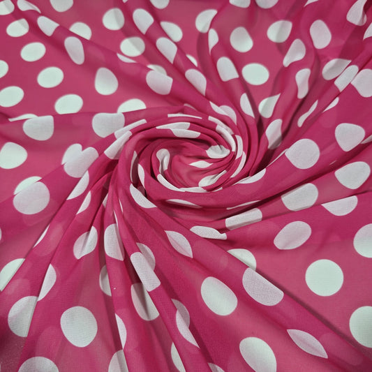 Hot Pink & White Polka Dot Chiffon Fabric – 58" Wide | Lightweight Printed Dress Material | By the Mete