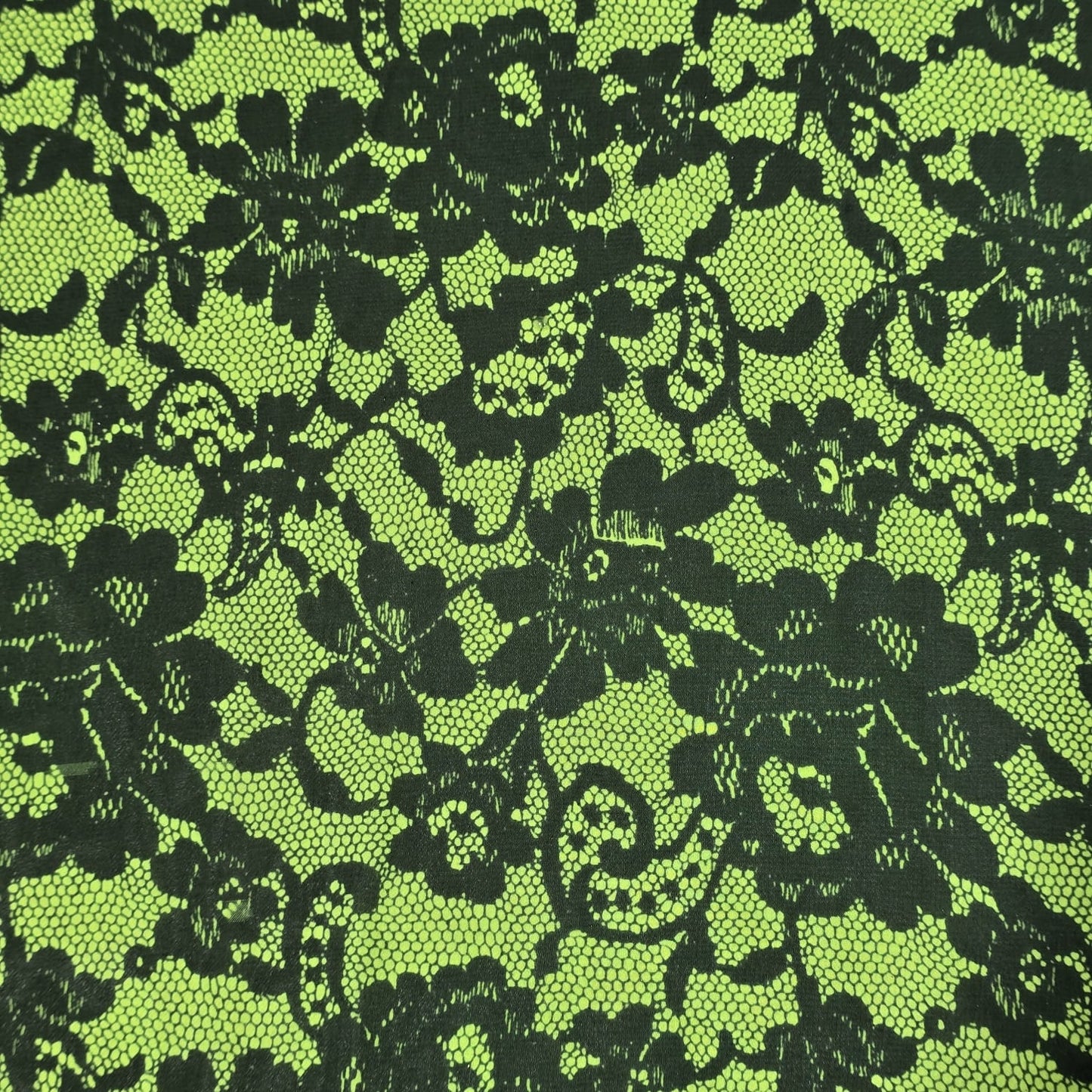 Neon Green & Black Floral Lace Print Chiffon Fabric – 58" Wide | Lightweight Printed Dress Material | Soft Sheer Fabric | By the Meter