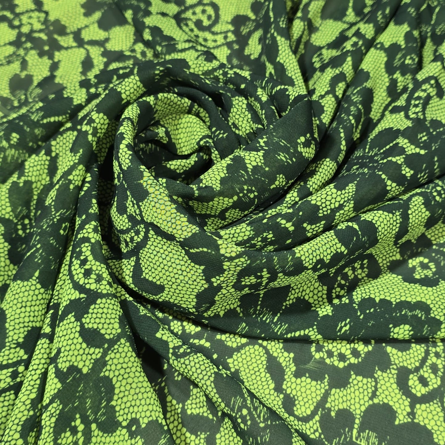 Neon Green & Black Floral Lace Print Chiffon Fabric – 58" Wide | Lightweight Printed Dress Material | Soft Sheer Fabric | By the Meter
