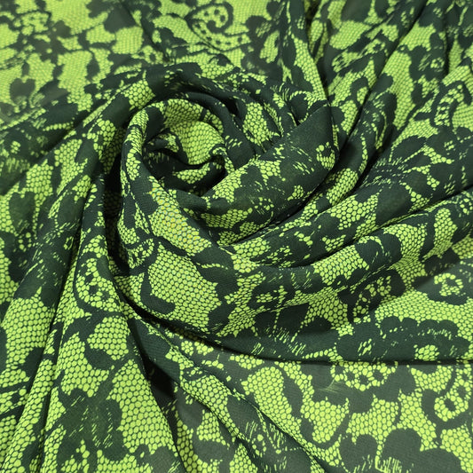 Neon Green & Black Floral Lace Print Chiffon Fabric – 58" Wide | Lightweight Printed Dress Material | Soft Sheer Fabric | By the Meter