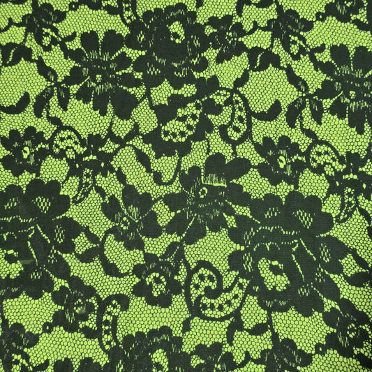 Neon Green & Black Floral Lace Print Chiffon Fabric – 58" Wide | Lightweight Printed Dress Material | Soft Sheer Fabric | By the Meter