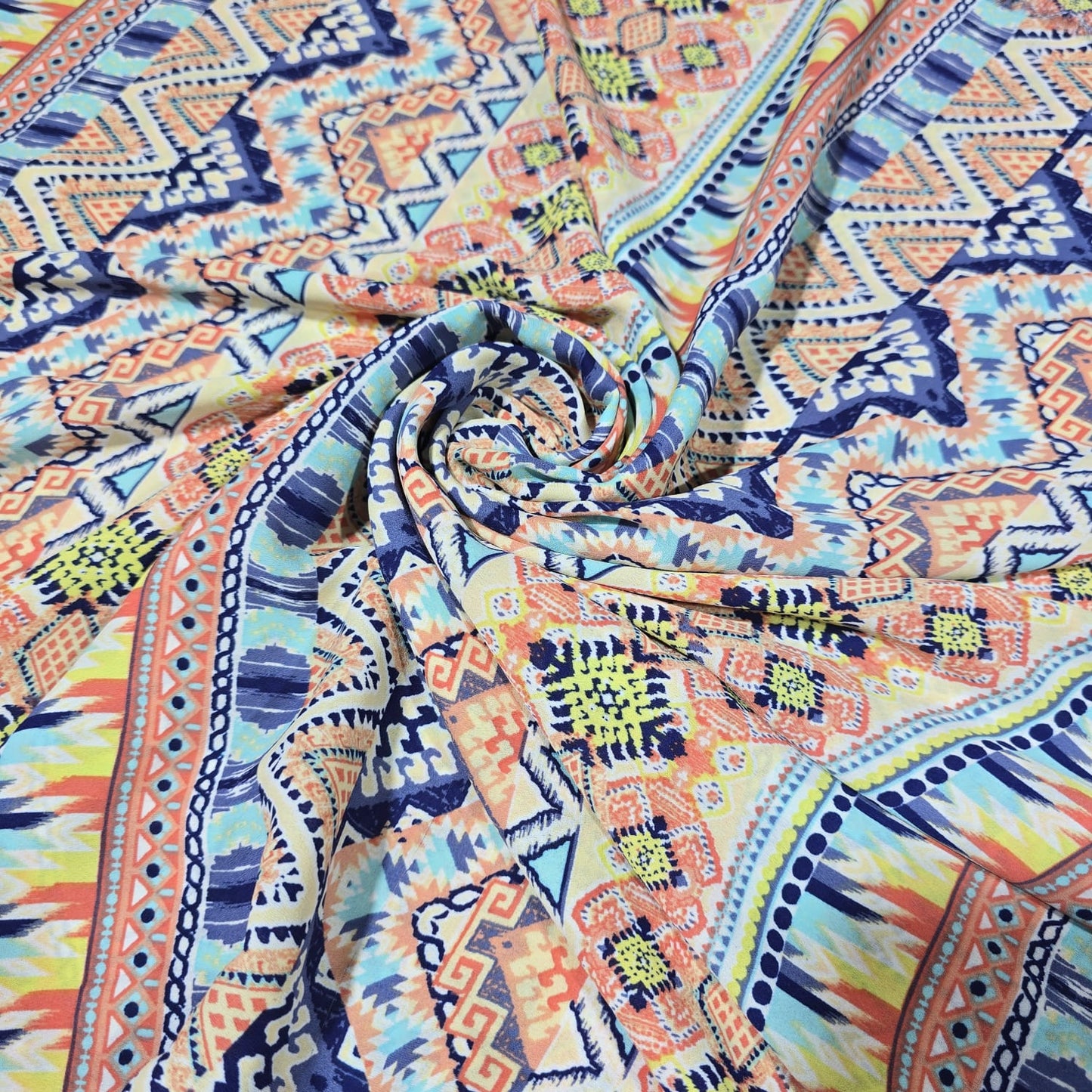 Aztec Tribal Stripe Printed Chiffon Fabric – Multicolor Geometric Boho Pattern | 58" Wide | Soft Lightweight Dress Material | By the Meter
