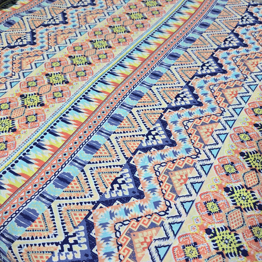 Aztec Tribal Stripe Printed Chiffon Fabric – Multicolor Geometric Boho Pattern | 58" Wide | Soft Lightweight Dress Material | By the Meter