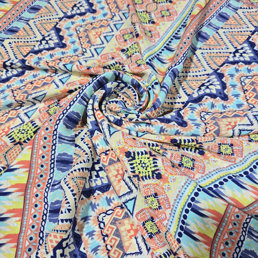 Aztec Tribal Stripe Printed Chiffon Fabric – Multicolor Geometric Boho Pattern | 58" Wide | Soft Lightweight Dress Material | By the Meter