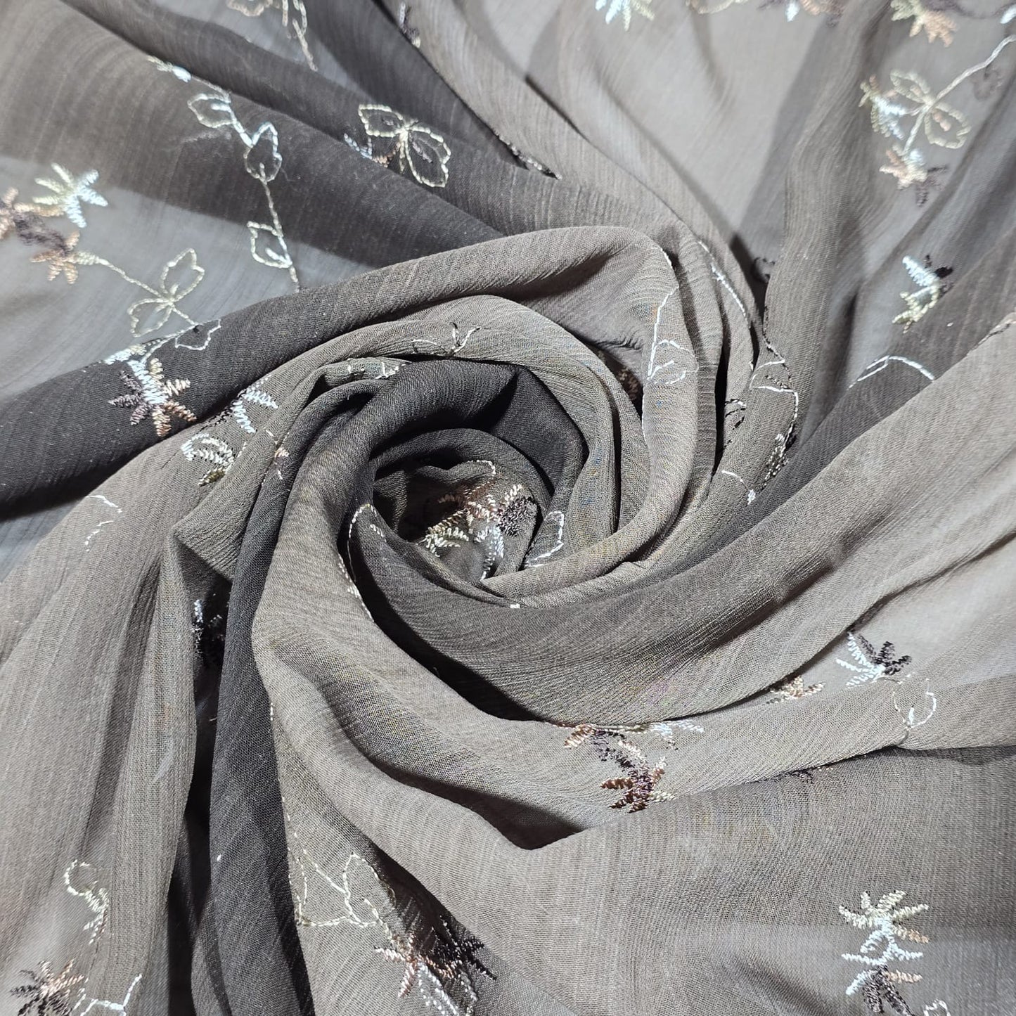 Grey Floral Embroidered Chiffon Fabric – Soft Sheer Designer Embroidery | 58" Wide | Lightweight Dress Material | By the Meter