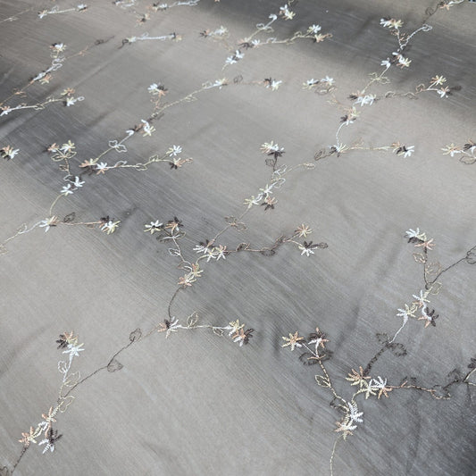Grey Floral Embroidered Chiffon Fabric – Soft Sheer Designer Embroidery | 58" Wide | Lightweight Dress Material | By the Meter
