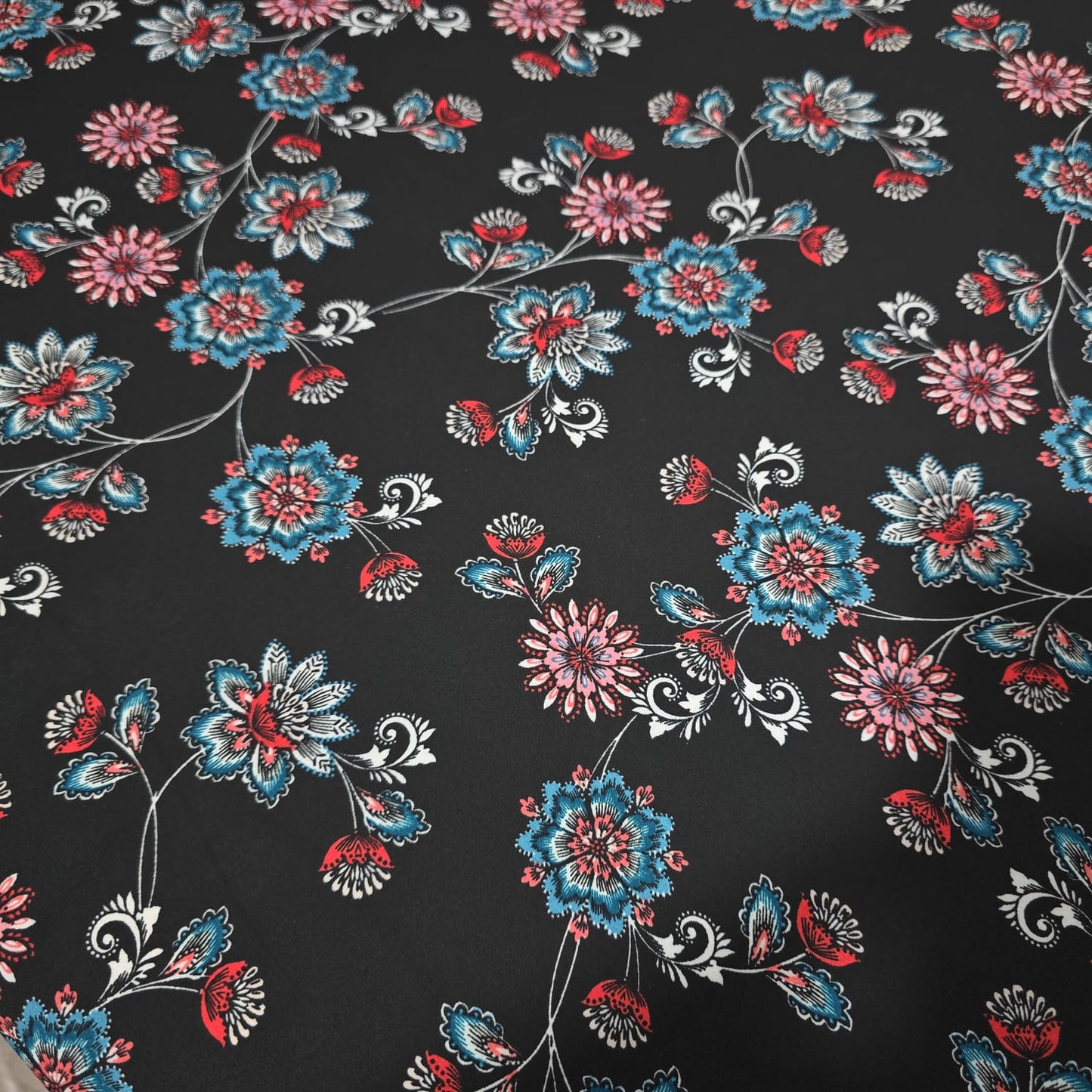 Elegant Floral Chiffon Fabric – Blue & Coral Flower Print on Black | Soft Lightweight Dress Material | 58" Wide | By the Meter
