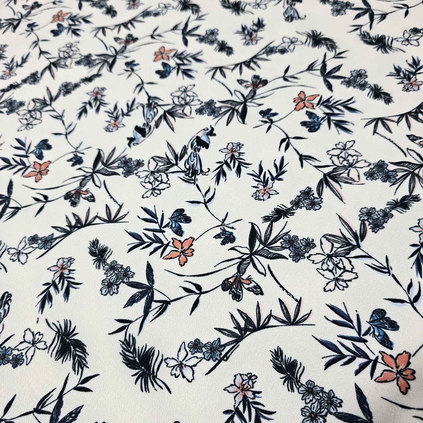 Elegant Botanical Floral Crepe Fabric – White Floral &amp; Butterfly Print Dress Material | Soft Lightweight Fabric | 58" Wide | By the Meter