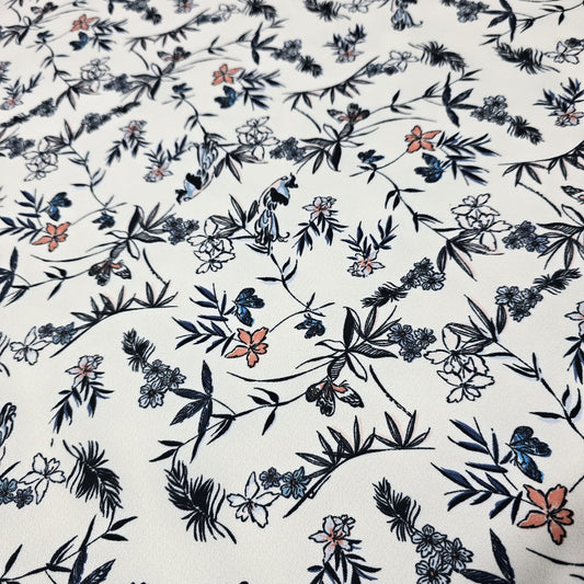 Elegant Botanical Floral Crepe Fabric – White Floral & Butterfly Print Dress Material | Soft Lightweight Fabric | 58" Wide | By the Meter
