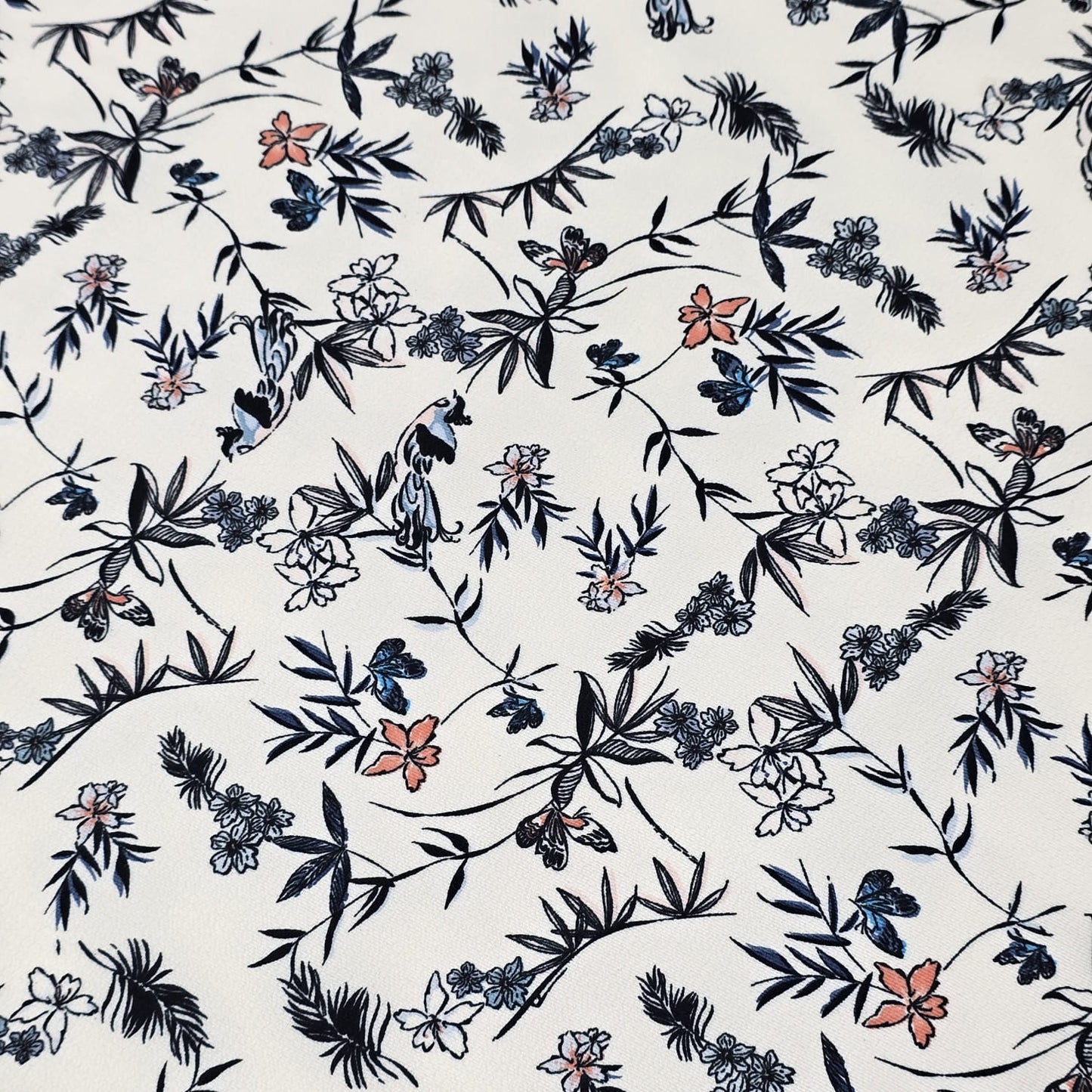 Elegant Botanical Floral Crepe Fabric – White Floral &amp; Butterfly Print Dress Material | Soft Lightweight Fabric | 58" Wide | By the Meter
