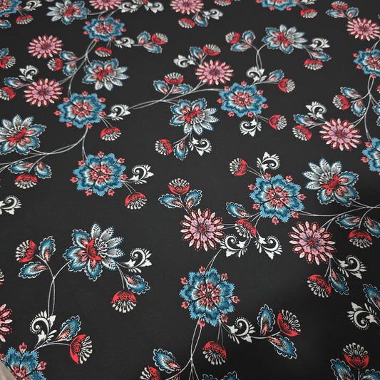 Elegant Floral Chiffon Fabric – Blue & Coral Flower Print on Black | Soft Lightweight Dress Material | 58" Wide | By the Meter