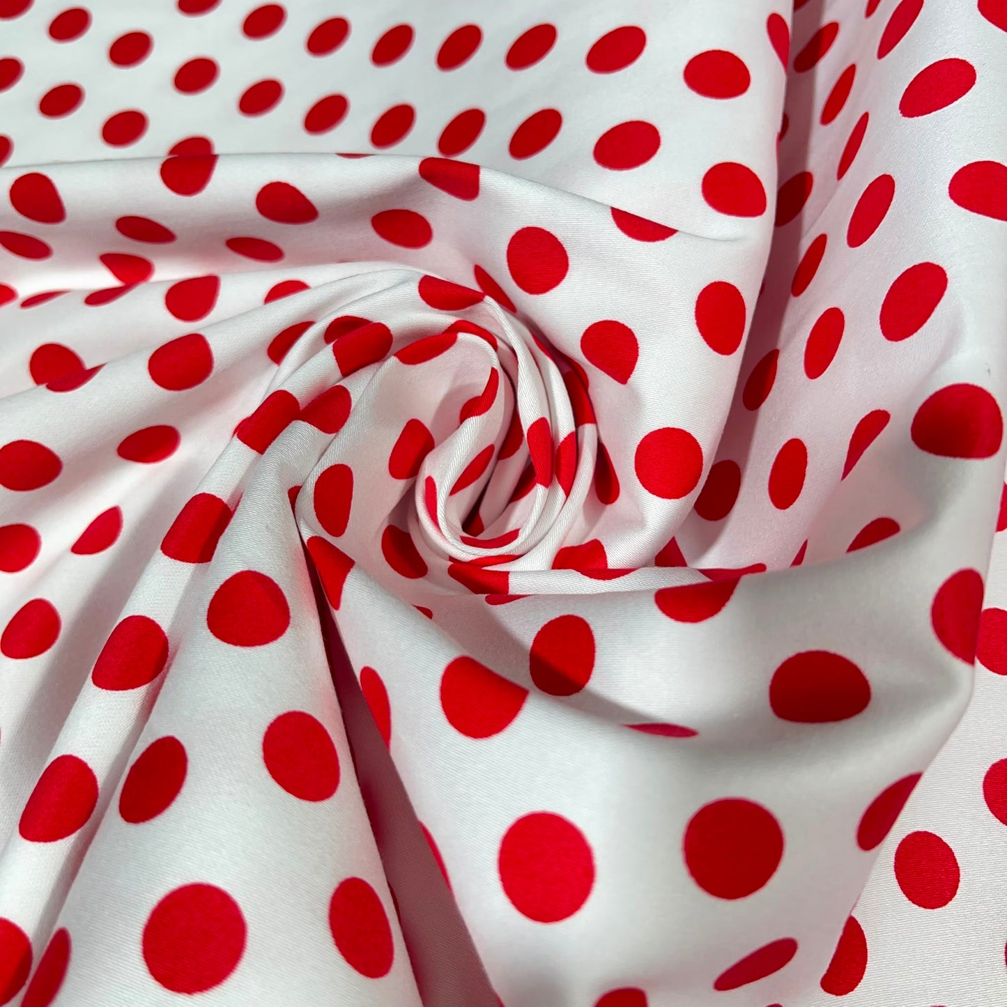White & Red Polka Dot Cotton Elastane Fabric – 58" (147cm) Wide Stretch Dress Fabric | Soft Printed Cotton | Sold by the Meter