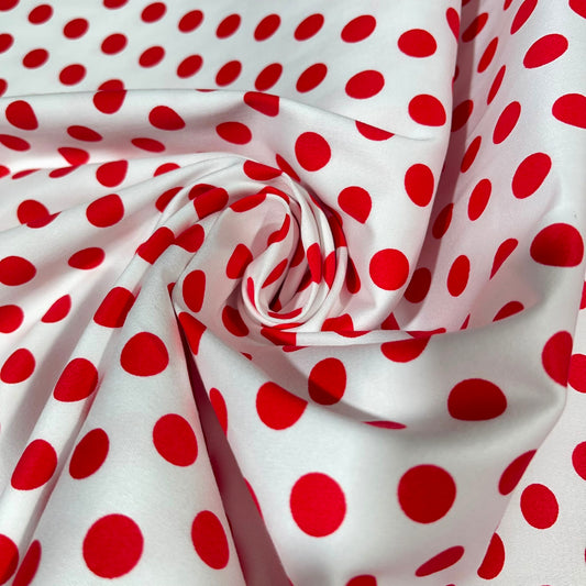 White & Red Polka Dot Cotton Elastane Fabric – 58" (147cm) Wide Stretch Dress Fabric | Soft Printed Cotton | Sold by the Meter