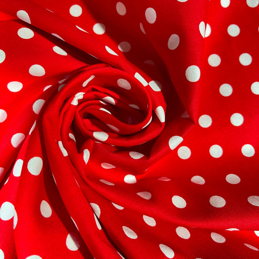 Red & White Polka Dot Cotton Elastane Fabric – 58" (147cm) Wide Stretch Dress Fabric | Soft Printed Cotton | Sold by the Metre