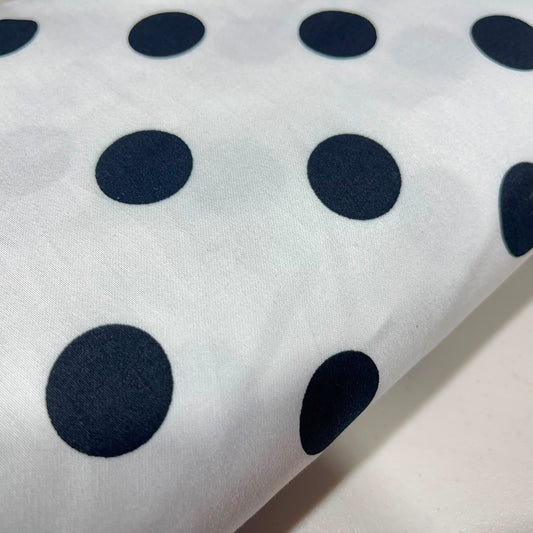 White Cotton Elastane Fabric with Black Polka Dots – 58" (147cm) Wide Stretch Dress Fabric | Retro Spot Print | Sold by the Metre