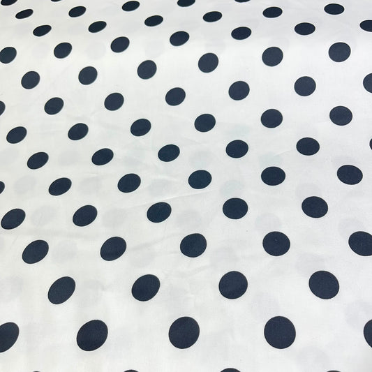 White Cotton Elastane Fabric with Black Polka Dots – 58" (147cm) Wide Stretch Dress Fabric | Retro Spot Print | Sold by the Metre