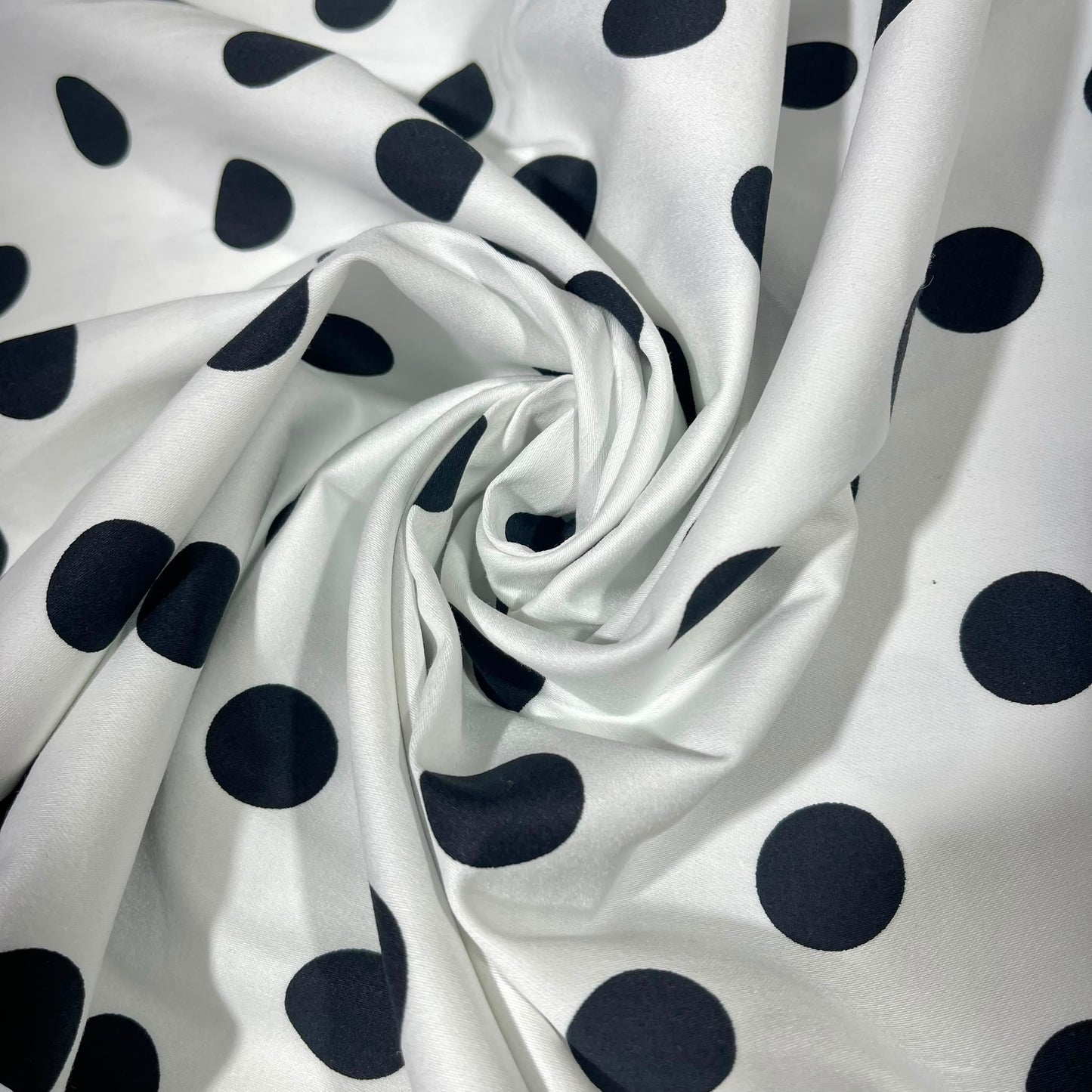 White Cotton Elastane Fabric with Black Polka Dots – 58" (147cm) Wide Stretch Dress Fabric | Retro Spot Print | Sold by the Metre