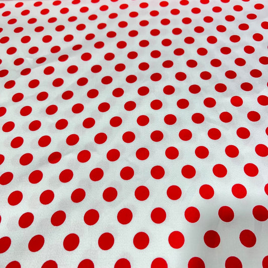 White & Red Polka Dot Cotton Elastane Fabric – 58" (147cm) Wide Stretch Dress Fabric | Soft Printed Cotton | Sold by the Meter