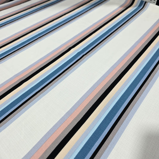 Pastel Multi Stripe Crepe Fabric – Blue, Pink & Black Striped Print | Soft Lightweight Dress Material | 58" Wide | By the Meter