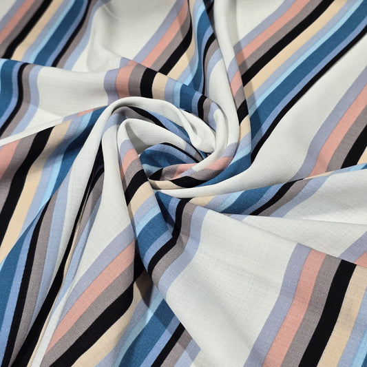 Pastel Multi Stripe Crepe Fabric – Blue, Pink & Black Striped Print | Soft Lightweight Dress Material | 58" Wide | By the Meter