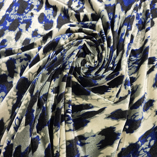 Blue Animal Print Velour Stretch Fabric | Soft Velvet Jersey Material | 58" Wide Dress Fabric | Sold by the Metre
