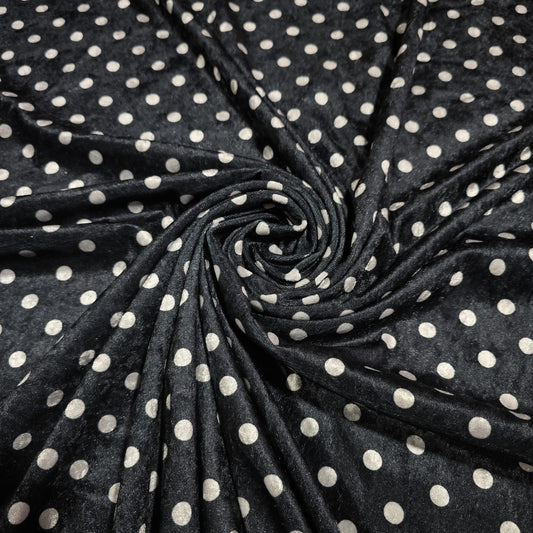 Black White Polka Dot Velour Stretch Fabric | Soft Velvet Jersey Material | 58" Wide Dress Fabric | Sold by the Metre