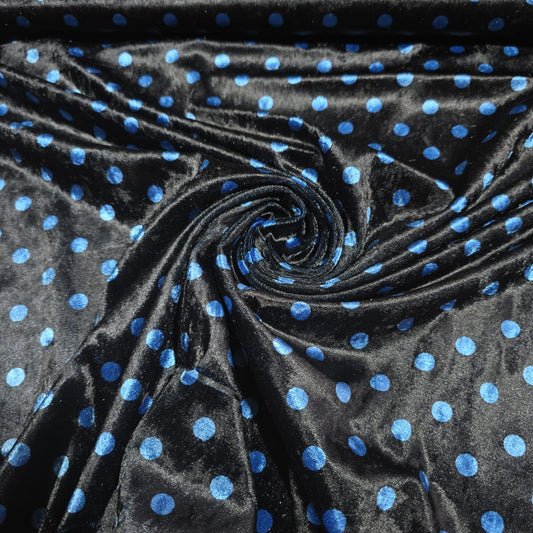 Black Blue Polka Dot Velour Stretch Fabric | Soft Velvet Jersey Material | 58" Wide Dress Fabric | Sold by the Metre
