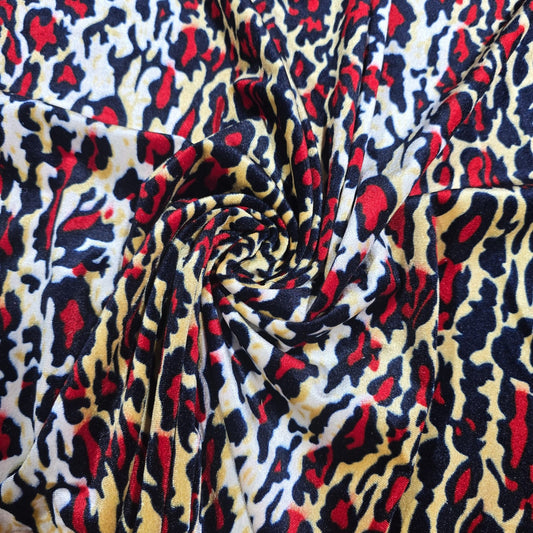 Red Animal Print Stretch Velour Fabric | Soft Velvet Jersey Dress Fabric | Leopard Style Material | Sold by the Metre