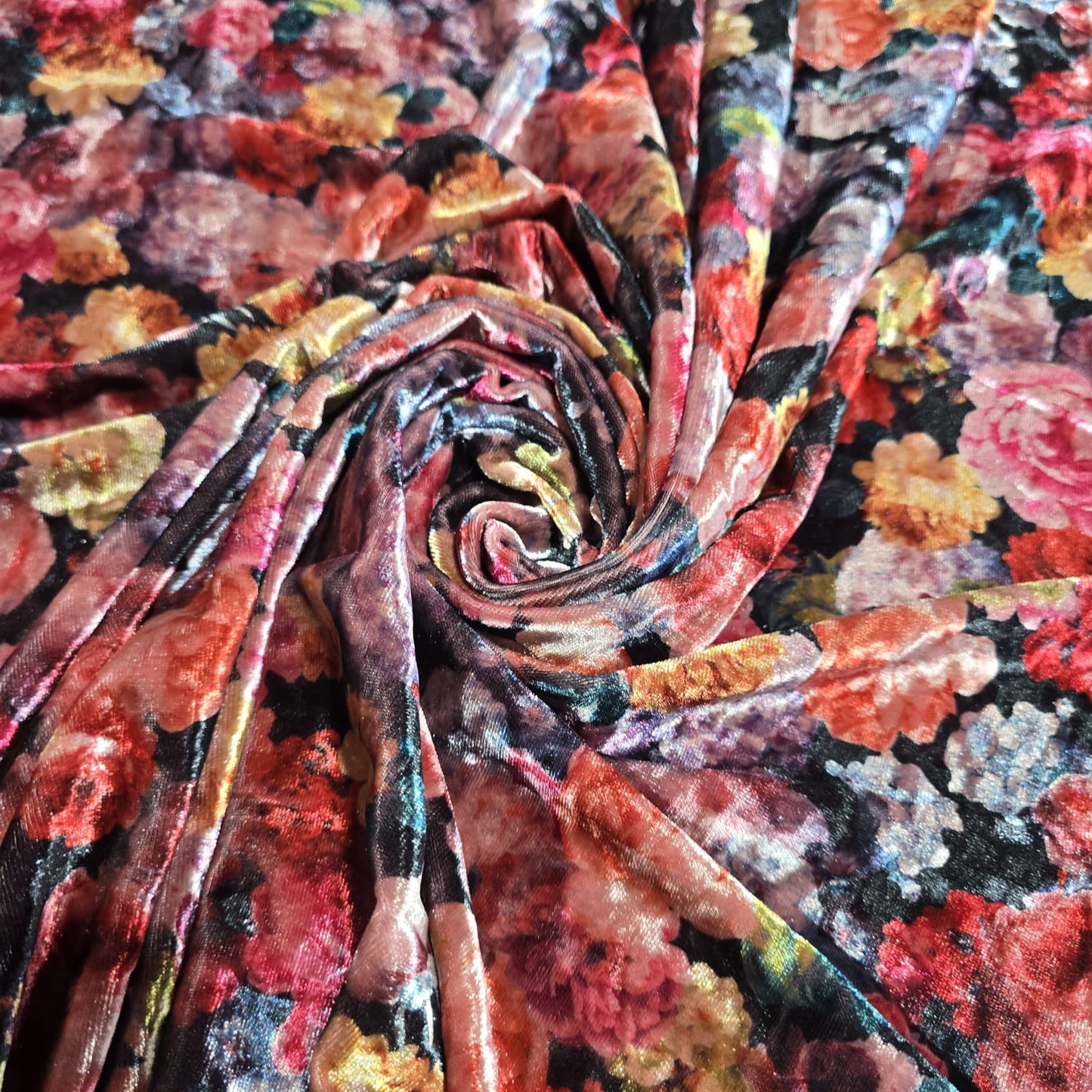 Vintage Floral Stretch Velour Fabric – Soft Velvet Jersey Dress Fabric 58" Wide | Multicolour Rose Print | Sold by the Metre