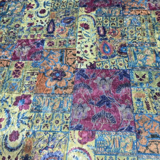 Bohemian Patchwork Floral Stretch Velour Fabric – Soft Velvet Jersey 58" Wide | Paisley & Vintage Floral | Sold by the Metre