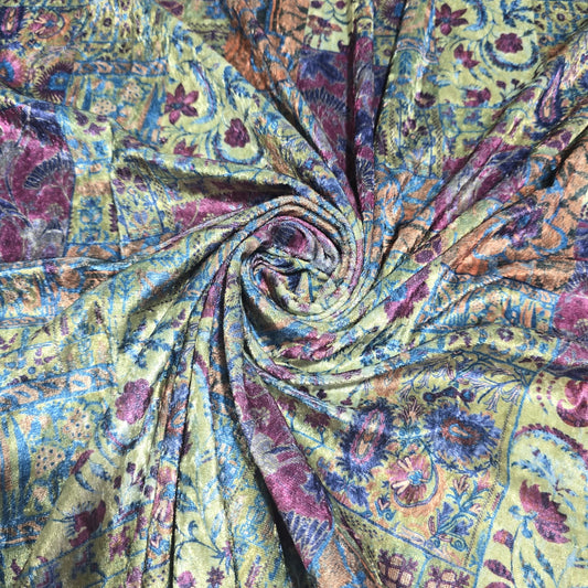 Bohemian Patchwork Floral Stretch Velour Fabric – Soft Velvet Jersey 58" Wide | Paisley & Vintage Floral | Sold by the Metre