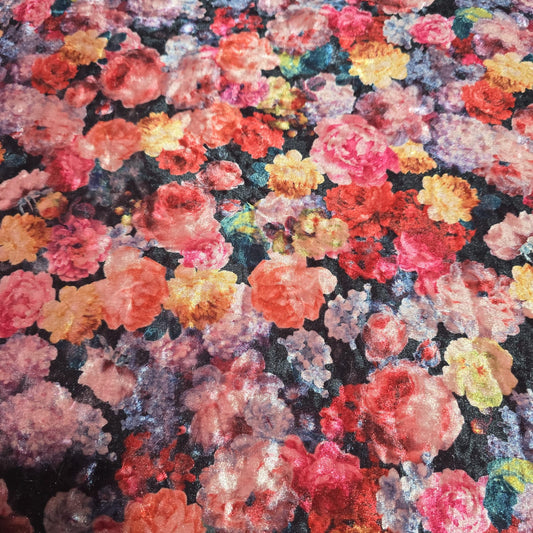 Vintage Floral Stretch Velour Fabric – Soft Velvet Jersey Dress Fabric 58" Wide | Multicolour Rose Print | Sold by the Metre