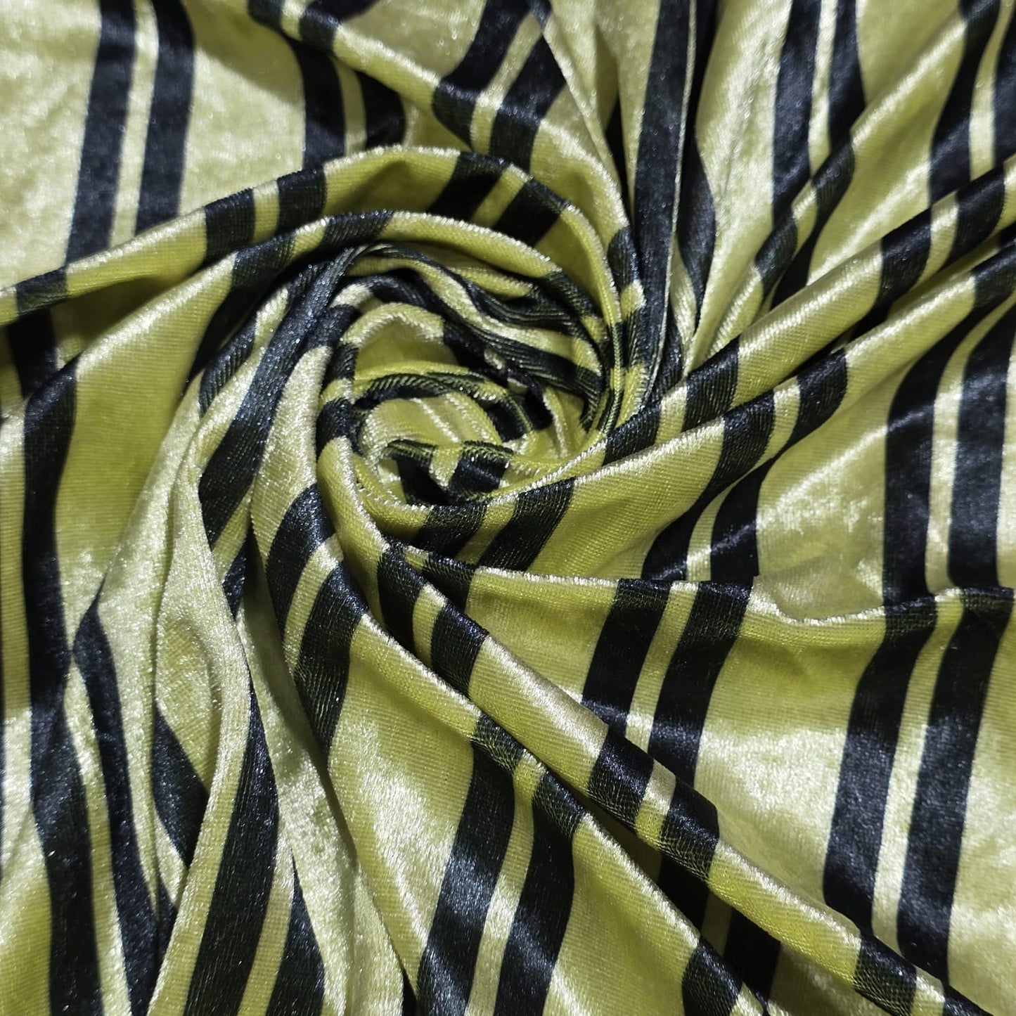 Olive Green & Black Stripe Stretch Velour Fabric – Soft Velvet Jersey 58" Wide | Vertical Striped Dress Fabric | Sold by the Metre