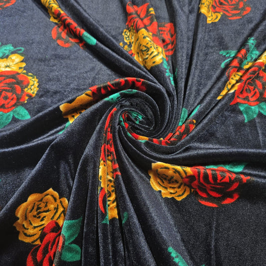 Navy Floral Stretch Velour Fabric – Navy Velvet Jersey with Red Rose Print 58" Wide | Soft Dress Fabric | Sold by the Metre