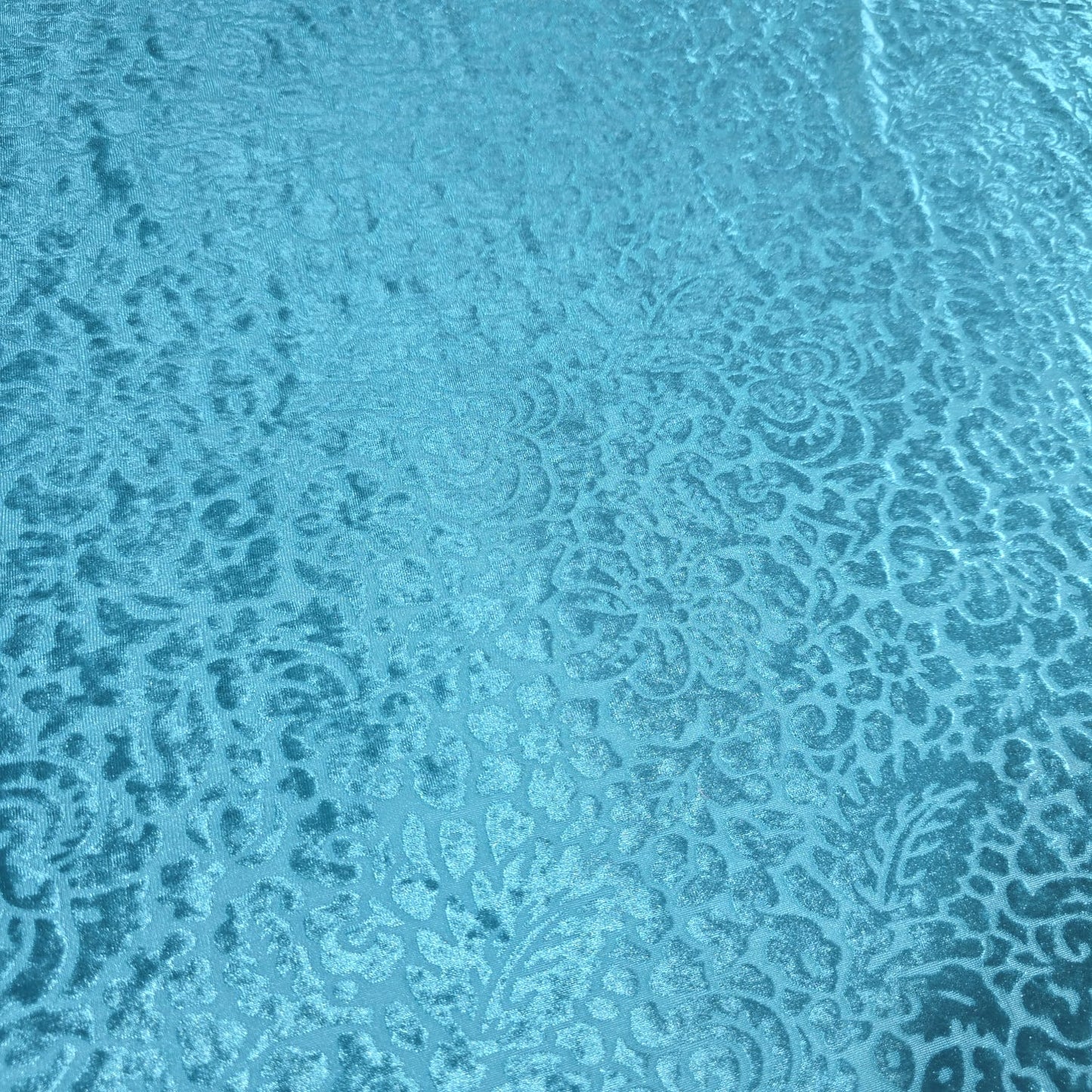 Turquoise Burnout Stretch Velvet Fabric – Floral Paisley Crushed Velour Jersey 58" Wide | Luxury Dress Fabric | Sold by the Metre