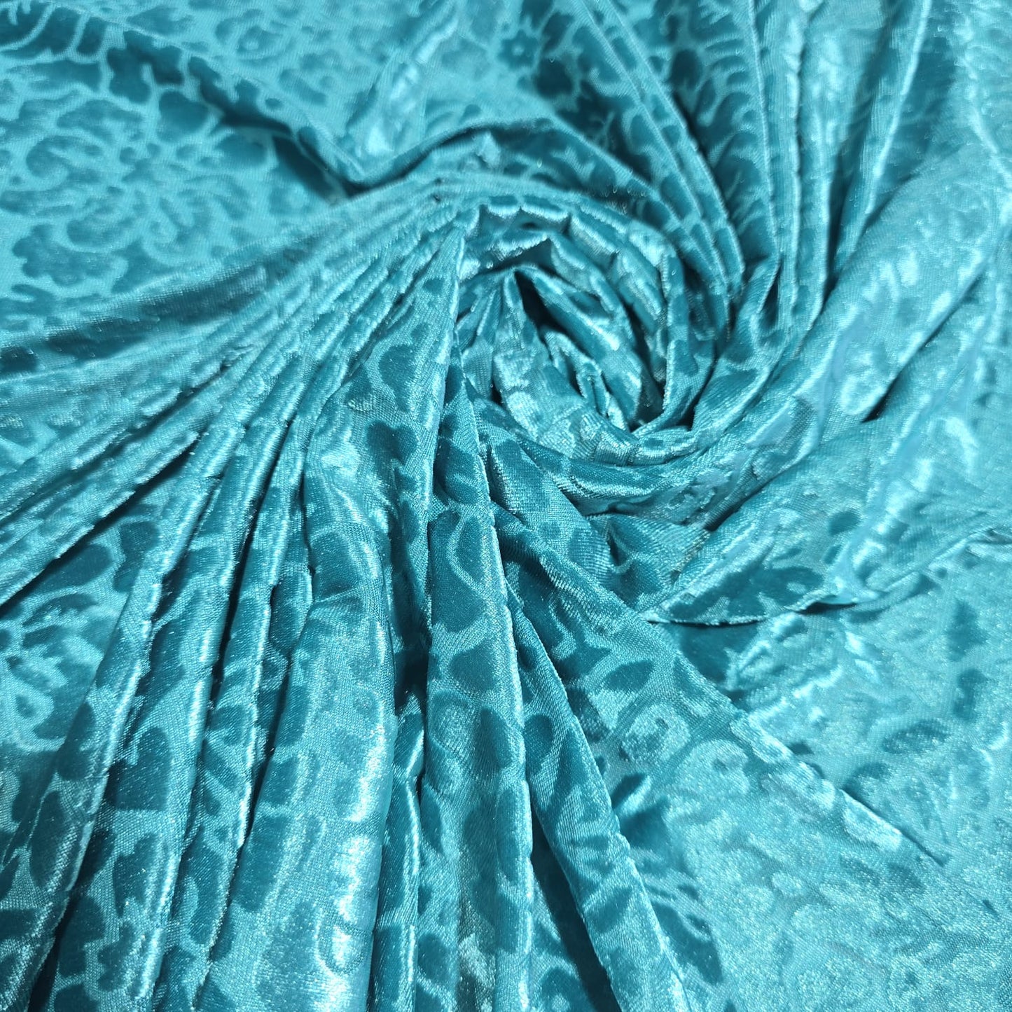 Turquoise Burnout Stretch Velvet Fabric – Floral Paisley Crushed Velour Jersey 58" Wide | Luxury Dress Fabric | Sold by the Metre