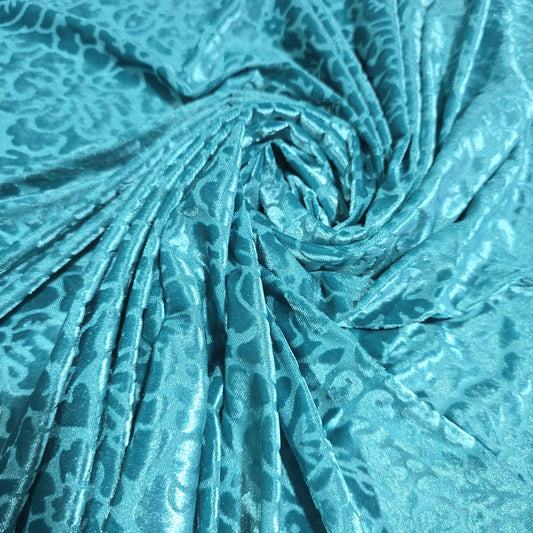 Turquoise Burnout Stretch Velvet Fabric – Floral Paisley Crushed Velour Jersey 58" Wide | Luxury Dress Fabric | Sold by the Metre