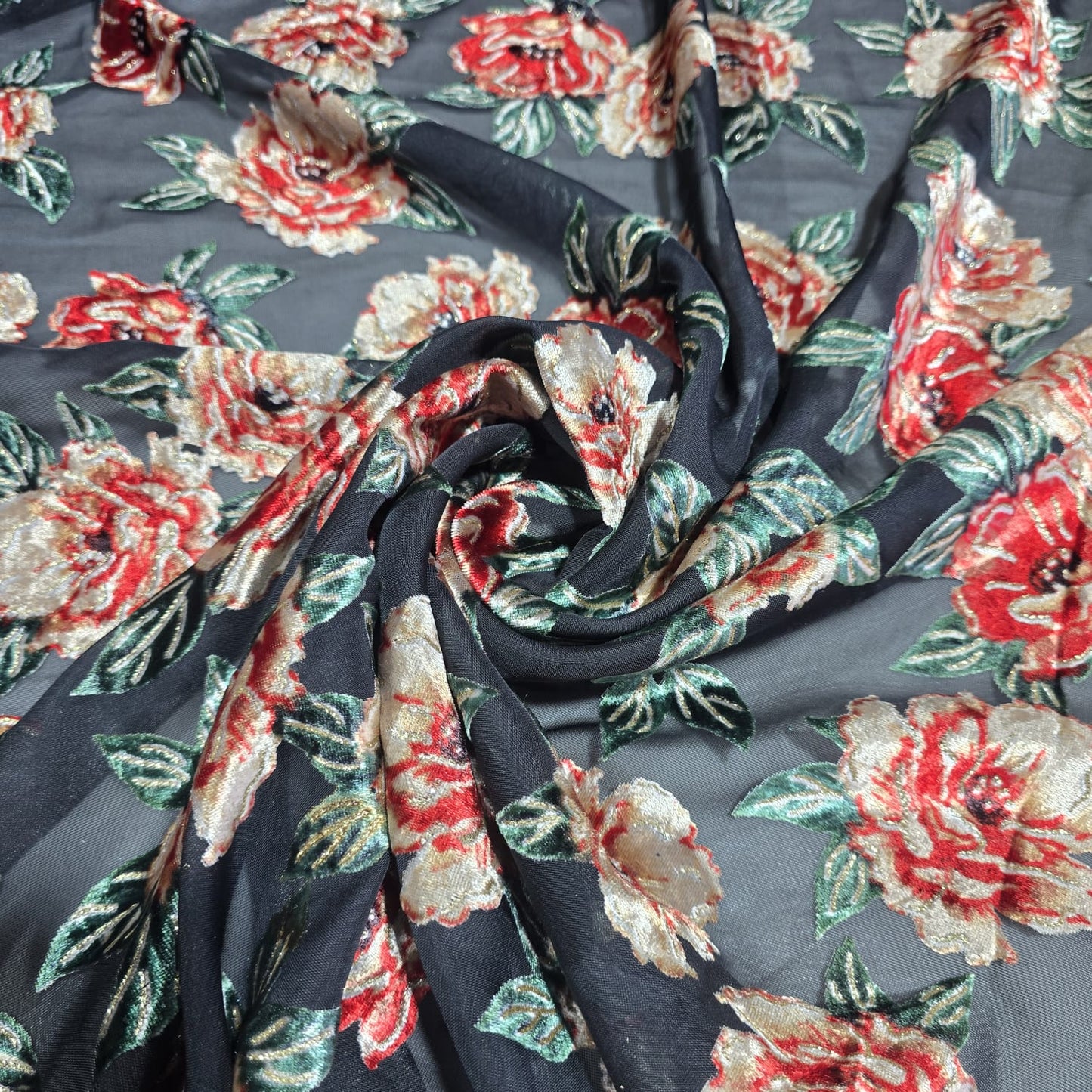 Black Floral Burnout Velvet Mesh Fabric – Devoré Rose Sheer Dress Fabric 58" Wide | Luxury Evening Fabric | Sold by the Metre