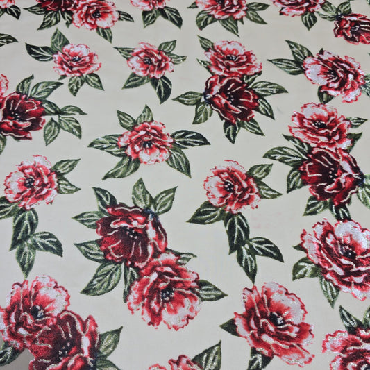 Beige Floral Burnout Velvet Mesh Fabric – Devoré Rose Sheer Dress Fabric 58" Wide | Luxury Evening Fabric | Sold by the Metre