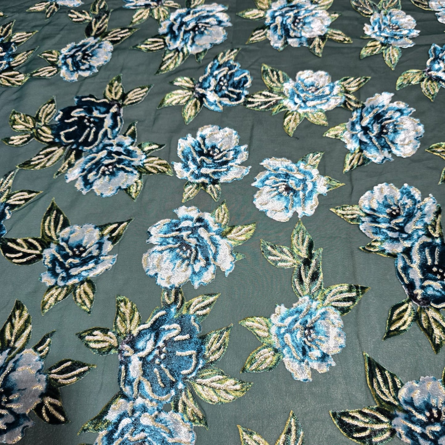 Sage Green Floral Burnout Velvet Mesh Fabric – Blue Rose Devoré Sheer Dress Fabric 58" Wide | Luxury Evening Fabric | Sold by the Metre